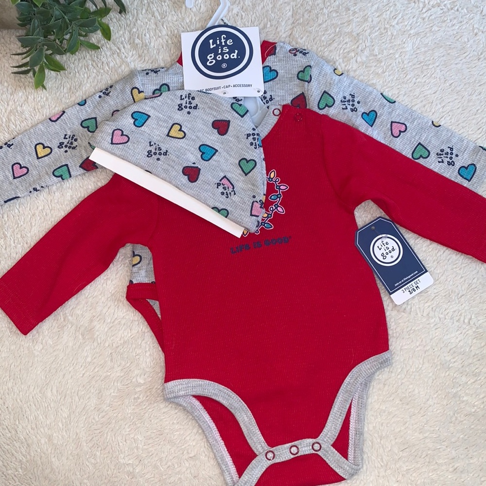 NWT Life Is Good 3pc Holiday Set 3-6M Baby Girl Onesies Bodysuits